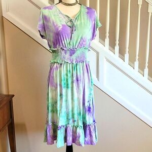 Tie Dye Mod Peasant Dress Ruffle Hem